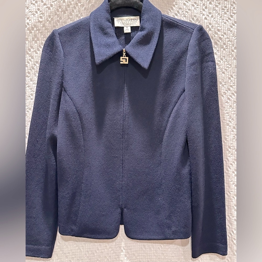 Vintage ST JOHN Collection by Marie Gray Knit Blazer w/Logo Zipper in Navy SZ 6 - Picture 1 of 6